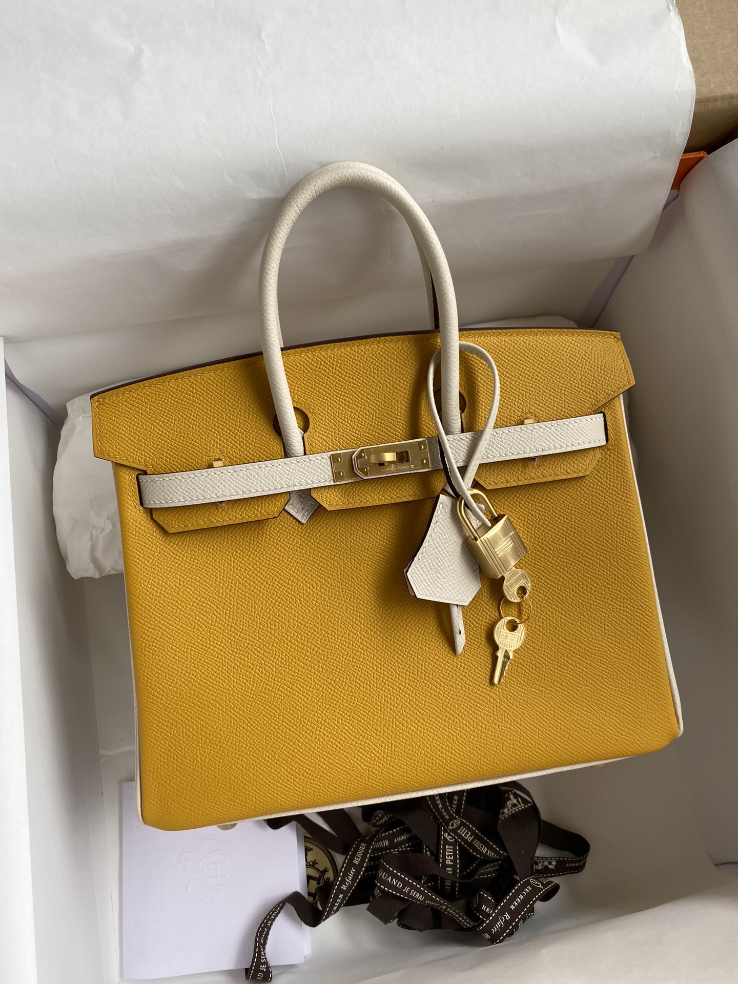 Hermes Birkin 25CM Epsom Leather Handbag Apricot Yellow